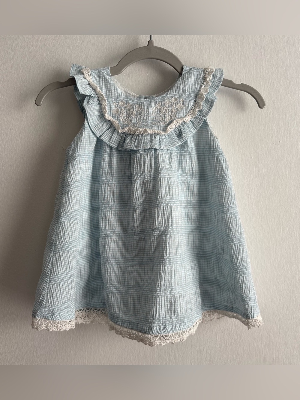 Joie Girls 9-12M Light Blue Gingham A-Line Dress Sleeveless Lace Bow Ruffle